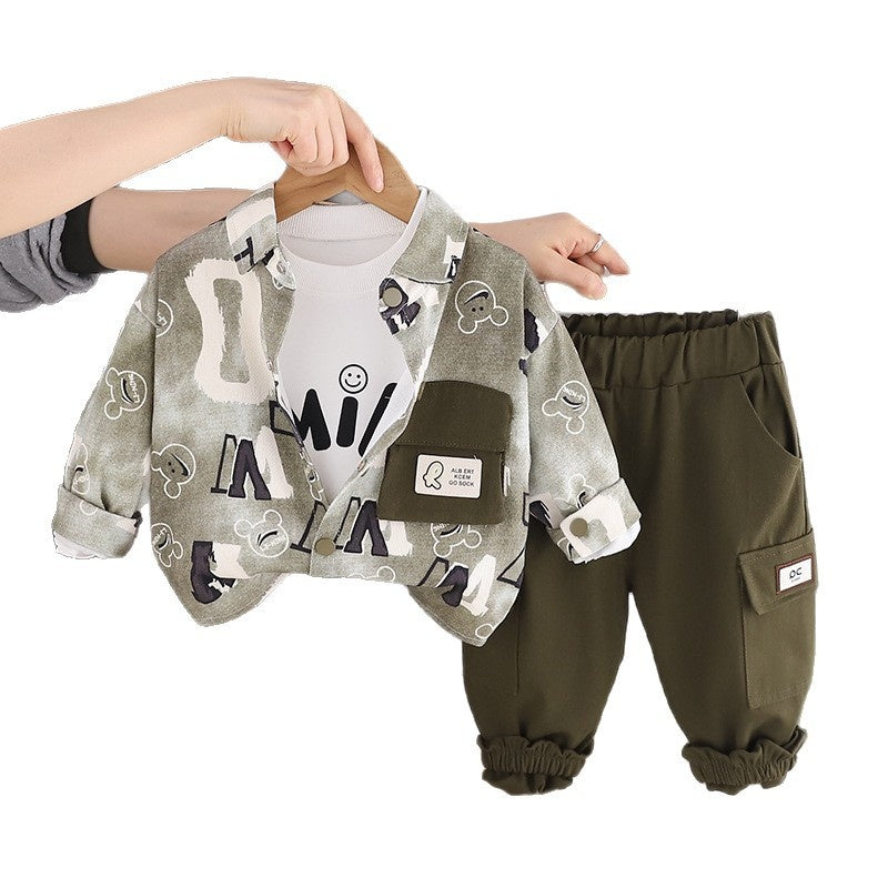 Baby outfit set, children's boy infant clothing, stylish boys' spring and autumn single-pocket letter three-piece set