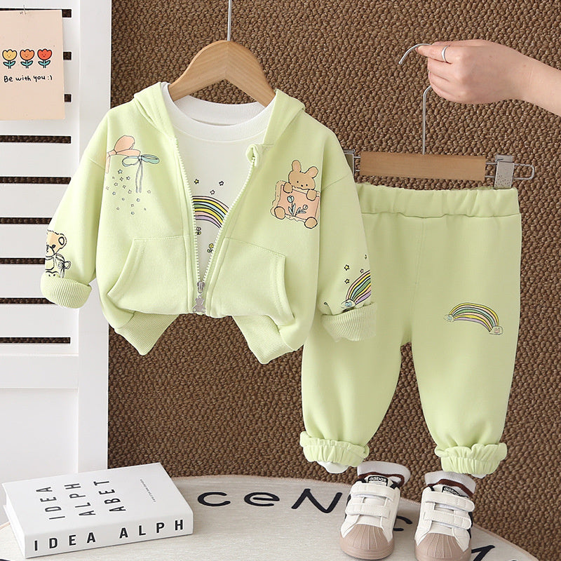Girls' Outfit 2026 New Fashionable Rainbow Rabbit Hoodie Three-Piece Set Baby Spring Clothes Infant Trendy