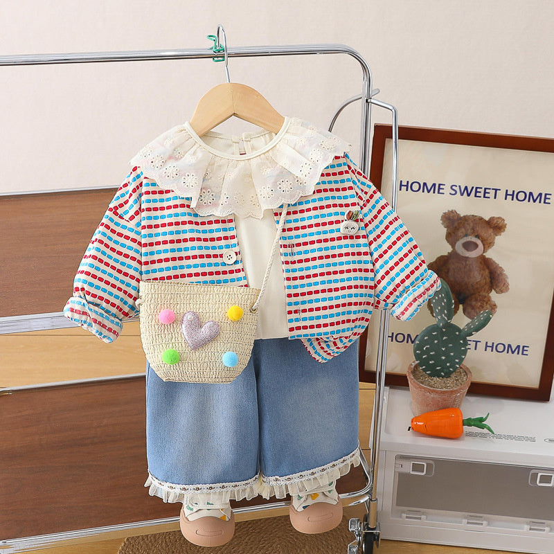 Girls' Korean-style outfit 2026 new fashionable spring and autumn three-piece set for baby girls with thin striped rabbit design