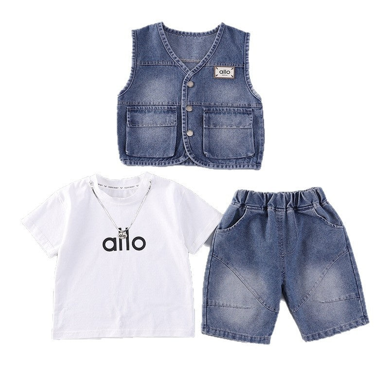 Boys' Short-Sleeve Outfit 2026 New Fashionable Children's Summer Letter Vest Three-Piece Set Baby Casual Trendy