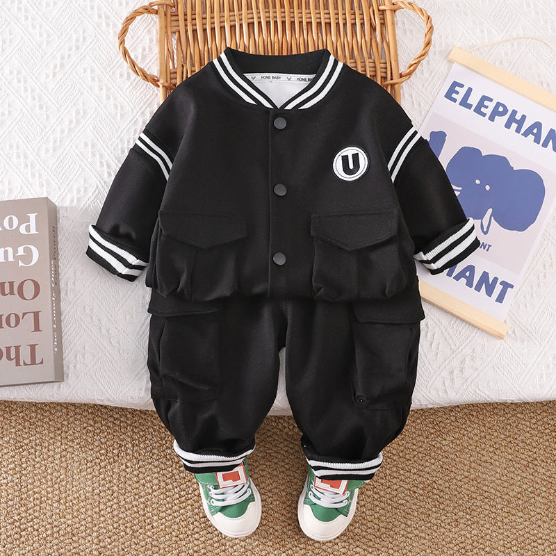 Boys' Spring and Set 2025 New Children's Stylish Letter Baseball Jacket Two-Piece Baby Autumn Casual