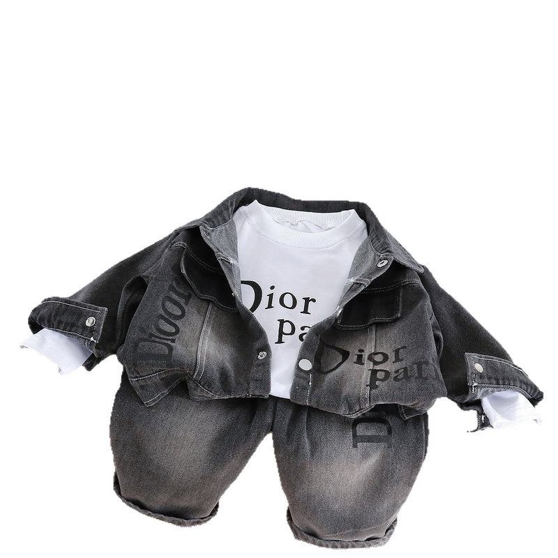 Boys' Letter Print Denim Suit Outfit 2026 New Trendy Children's Clothing Baby Spring and Autumn Fashionable Three-Piece Set