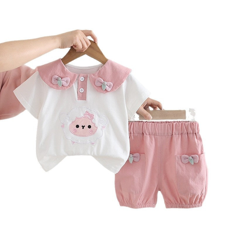 Doudou Girls' Outfit 2026 Little Sheep Cartoon Bow Collar Cute Baby Girl Clothes Two-Piece Set