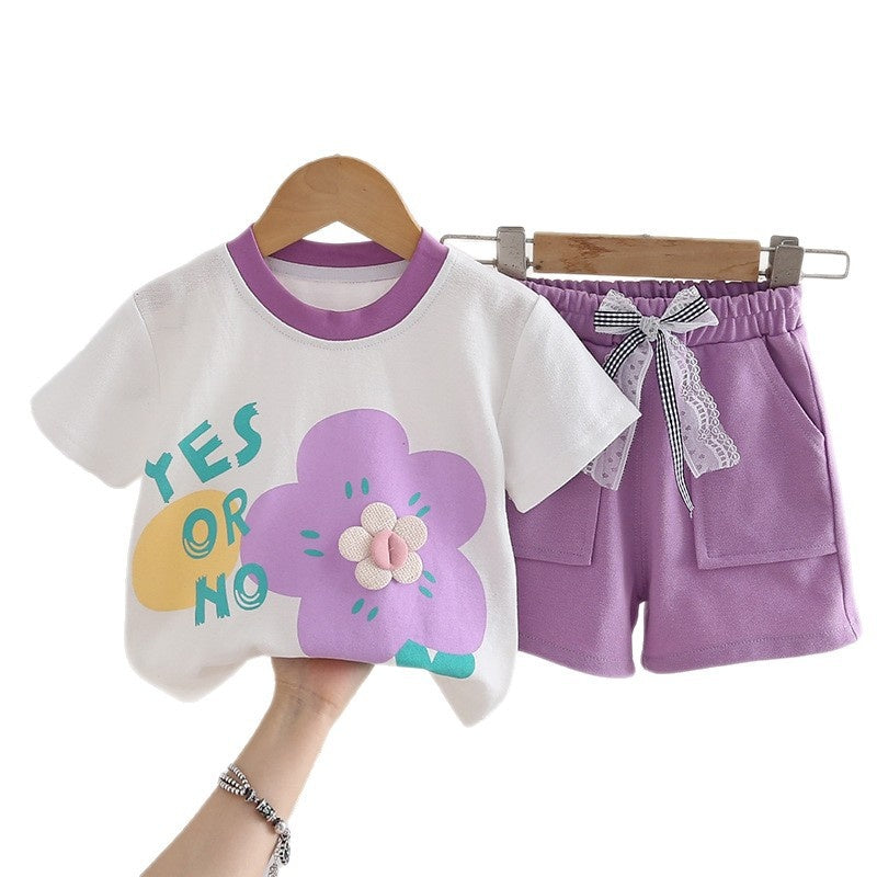 Girls' Short-Sleeve Outfit 2026 New Style Children's Summer Floral Round-Neck Stylish Two-Piece Set Baby Clothes Trendy