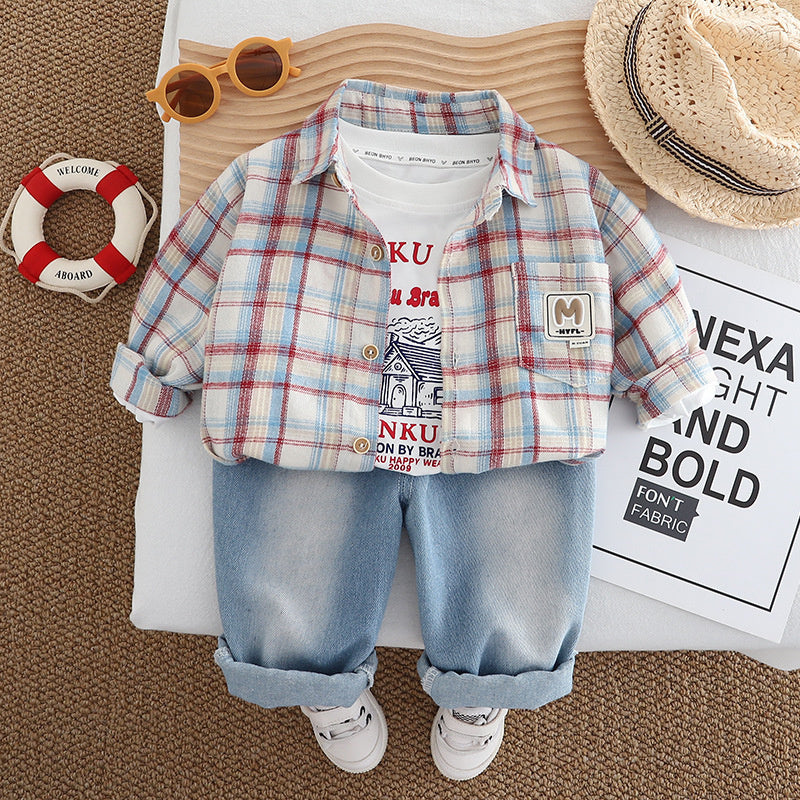 2025 Children's Autumn Outfit Stylish Plaid Shirt Three-Piece Set for 1-3-4 Year Old Boys Korean Style Boys' Clothing