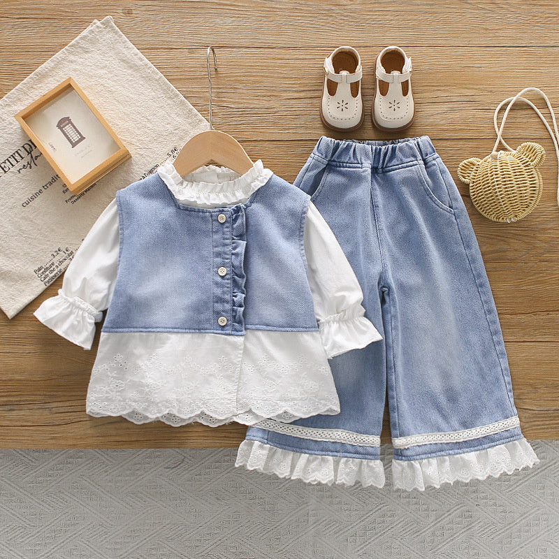 Girls' Outfit 2026 New Fashionable Spring and Autumn Pants, Baby Girl Denim Skirt, Long Sleeve Three-Piece Set