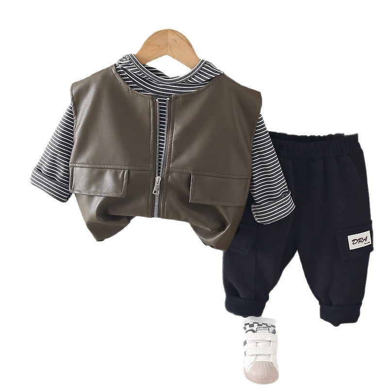 Boys' Spring and Autumn Outfit 2026 New Fashionable Children's Leather Vest Versatile Casual Three-Piece Set Trendy Wholesale