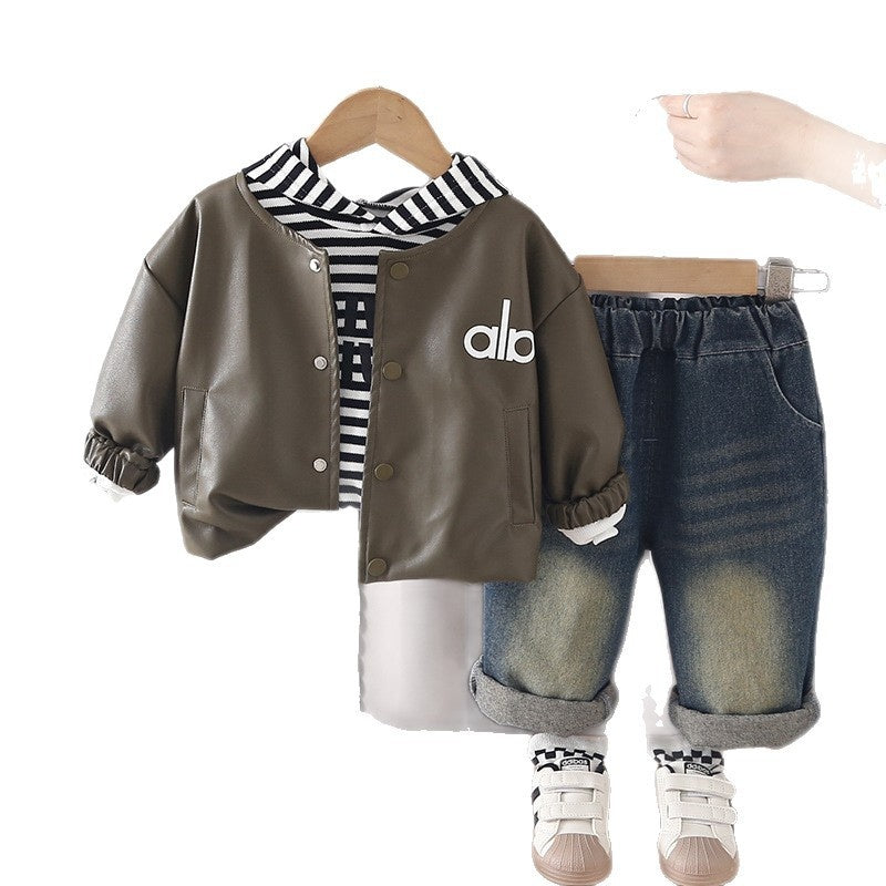 Children's Autumn Leather Jacket Three-Piece Set 2026 Spring New Style Boys and Girls Baby Hooded Sweatshirt Trendy Cool Outfit