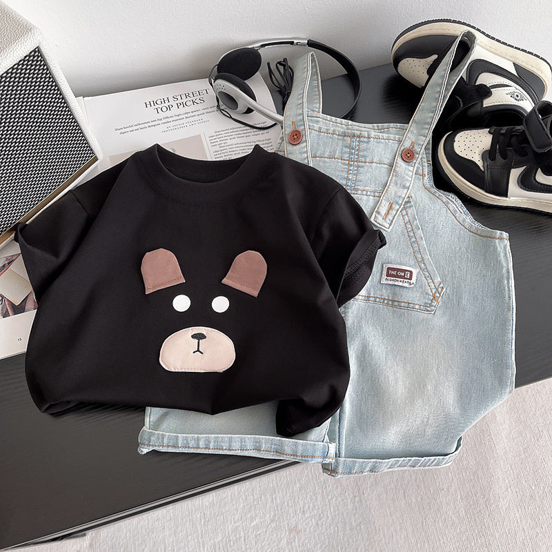 Boys' Outfit 2026 New Trendy Children's Bear Denim Overalls Short Sleeve Baby Korean Style Summer Clothes