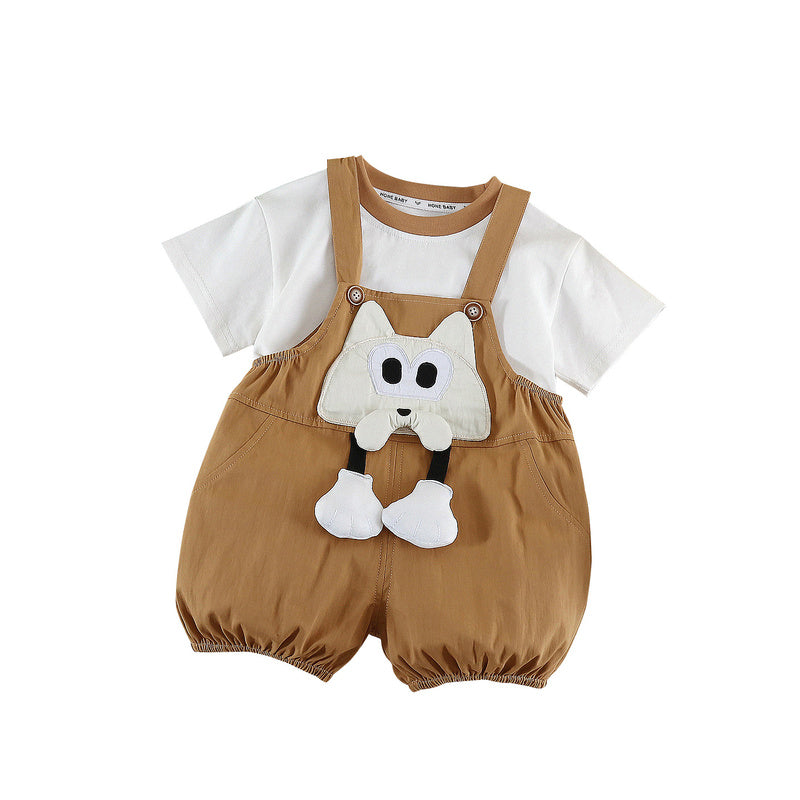 Baby 2026 Long-Pants Dog Overalls Short-Sleeve Korean Style Infant Boy Summer Clothes Two-Piece Set