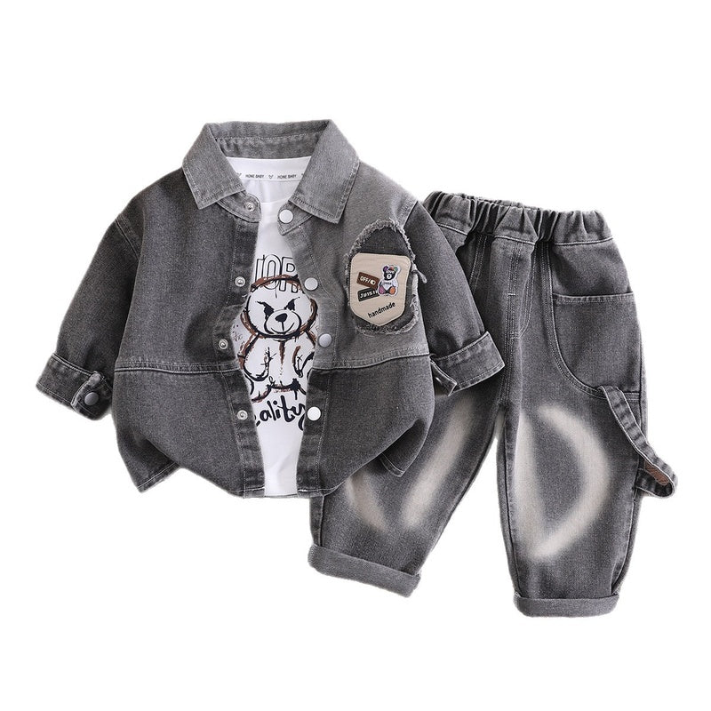 Boys' Suit 2026 New Stylish Spring and Autumn Outfit Children's Fashionable Baby Turn-down Collar Denim Bear Three-piece Set