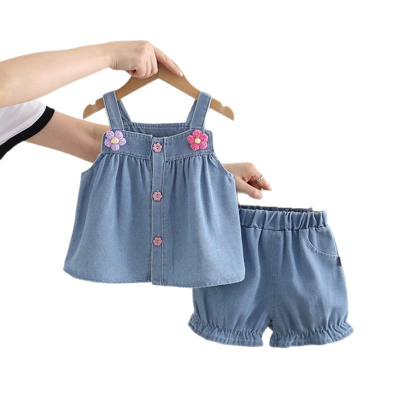 Baby Girl Denim Suspender 2026 New Children's Clothing Floral Two-Piece Set for Girls Summer Outfit