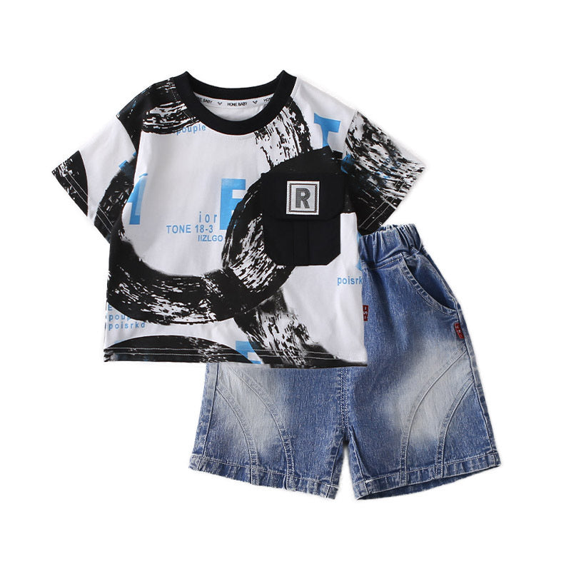 Boys' outfit 2026 new stylish baby letter pocket short-sleeve handsome infant summer two-piece set