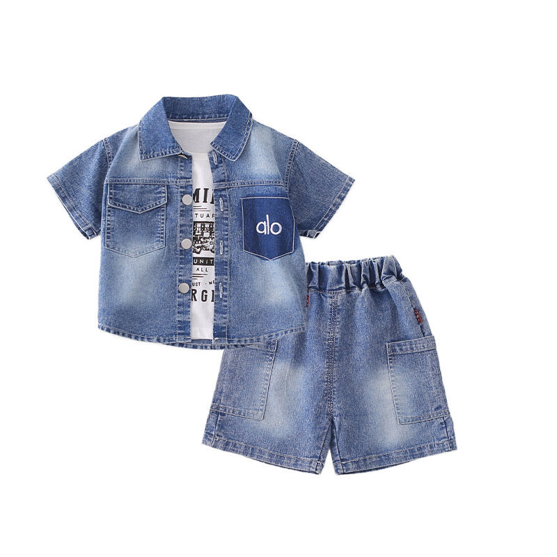 Baby Boy Outfit New Fashionable Infant Children's Faux Pocket Denim Three-Piece Set Cute Boys' Summer Clothes