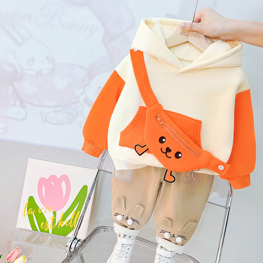 Children's clothing boys and girls, fleece-lined with hood late autumn, cartoon thickened sweatshirt two-piece set for kids