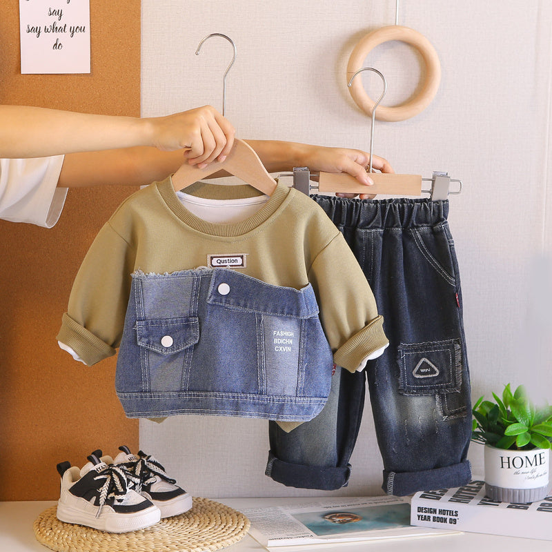 New Spring Autumn Outfit Boys: Korean-style Denim Patchwork Sweatshirt and Casual Stylish Jeans Two-piece Set for Kids