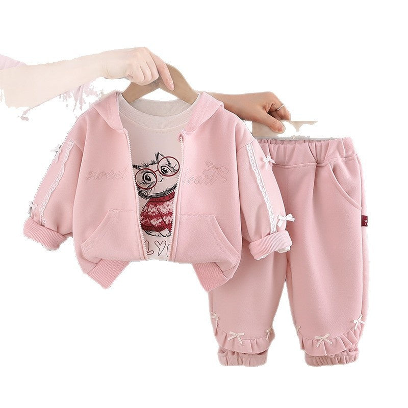 New stylish girls' outfit: sweet hooded bow jacket three-piece set for toddlers, trendy spring and autumn wear