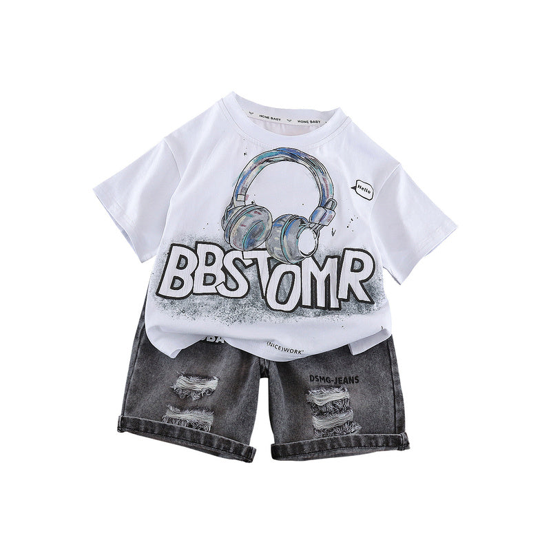 Set New Style Boys' Letter Print Headphone Short Sleeve Shorts Two-Piece Summer Outfit Children's Clothing 3