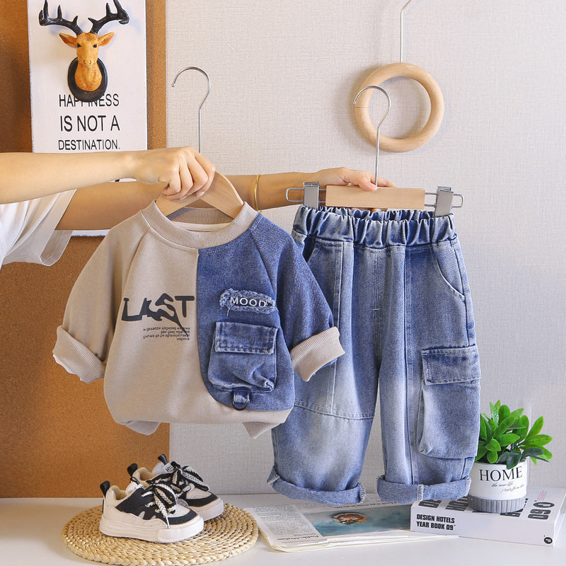 Boys' Outfit Set 2026 Casual Long Sleeve New Two-Piece Fashionable Baby Spring and Autumn Children's Patchwork Sweatshirt