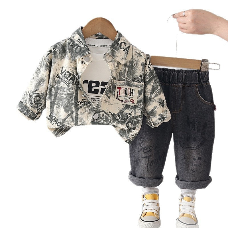 Boys' Spring and 2026 New Fashionable Children's Baby Toddler Infant Autumn Outfit Pocket Label Jacket Three-Piece Set