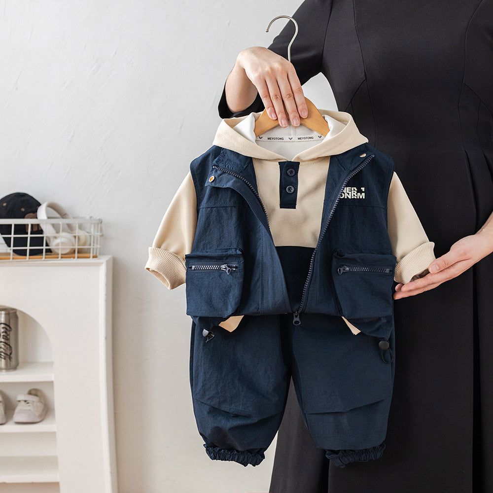 Stylish Boys' and Autumn Outfit 2026 New Spring Collection Baby Three-Piece Set with Double 3D Pocket Vest Trendy