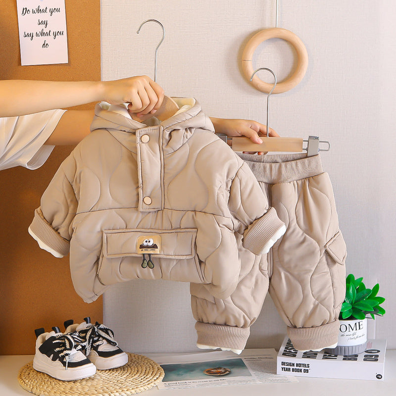2025 Baby Outfit Fashionable Stylish Fleece-Lined Children's Clothing Boys Winter Thickened Two-Piece Set Trendy One-Piece Dropshipping