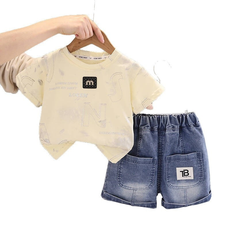 Boys' Summer Outfit 2026 New Style: Toddler Letter Chest Patch Round Neck Short Sleeve Shorts Baby Two-Piece Trendy Set