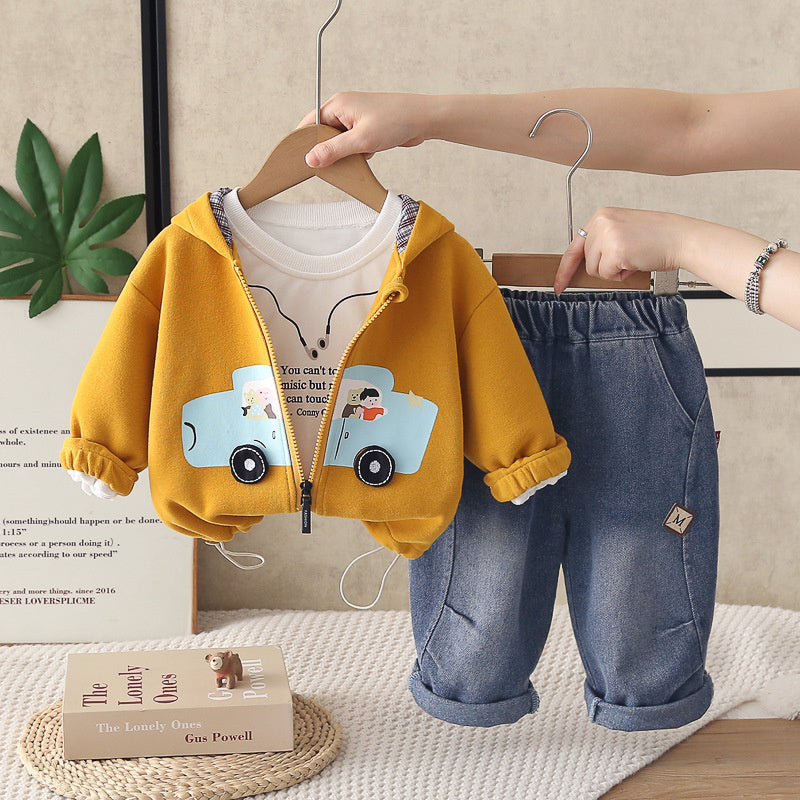 Boys' Outfit 2026 New Style Infant Children's Spring and Autumn Fashionable Baby Car Zipper Jacket Three-Piece Set