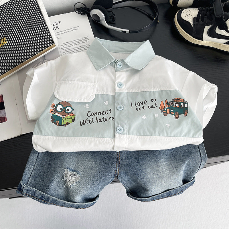 Boys' Summer Outfit 2026 New Fashionable Printed Cartoon Short-Sleeve Shirt Shorts Two-Piece Set for Infants and Children