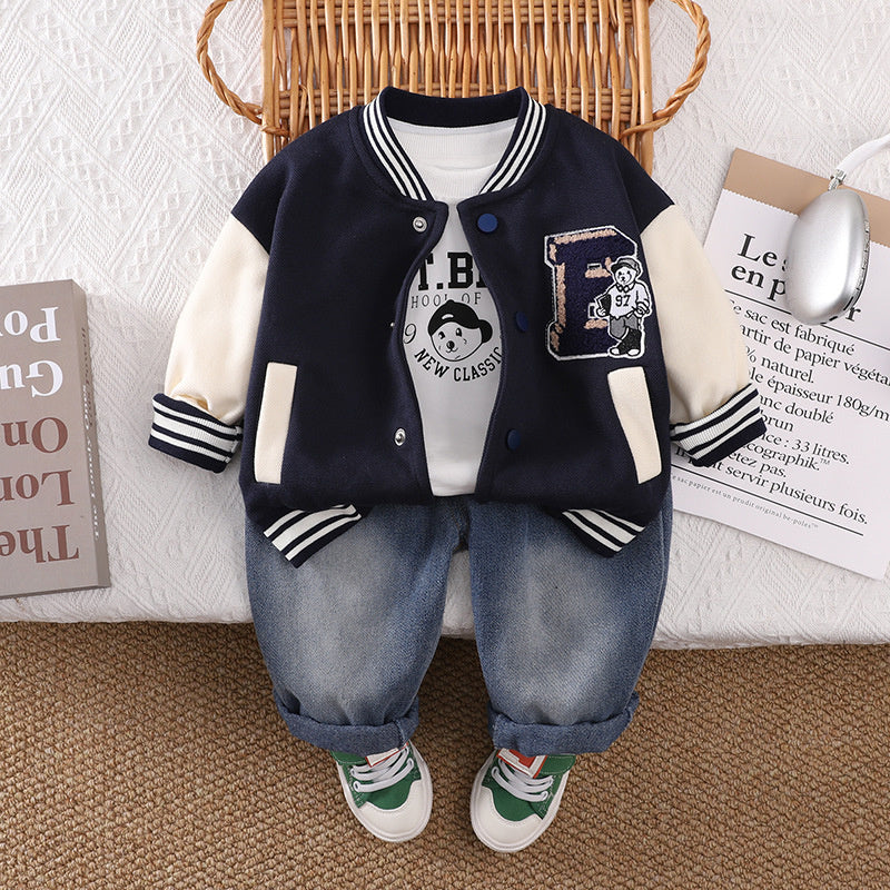 2025 New Little Boys' Spring and Children's Autumn Outfit Towel Embroidered Baseball Jacket Three-Piece Set