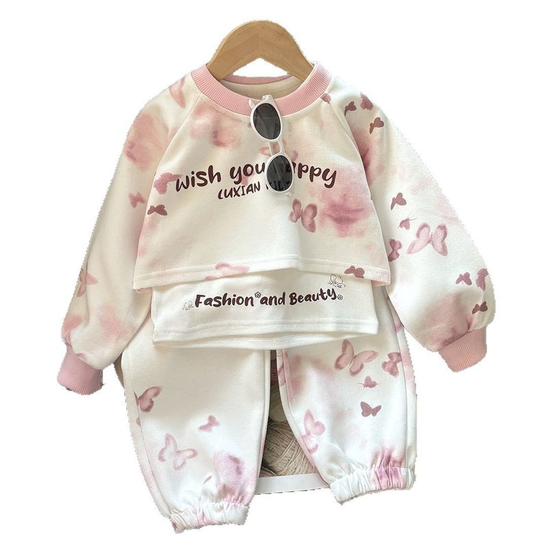 Autumn Girls' Korean Cotton Three-Piece Set Fashionable Big Baby Girl Clothing Tie-Dye Versatile Princess Style