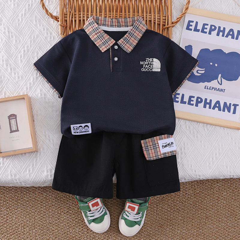 Boys' Outfit 2026 New Children's Plaid Collar Short Sleeve Summer Clothes Baby Embroidered Casual Two-Piece Set Trendy