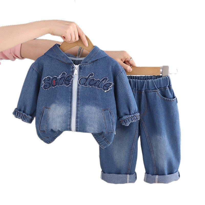 Children's Clothing 2026 New Spring Boys and Girls Baby English Zipper Hoodie Solid Color Jeans Two-Piece Set