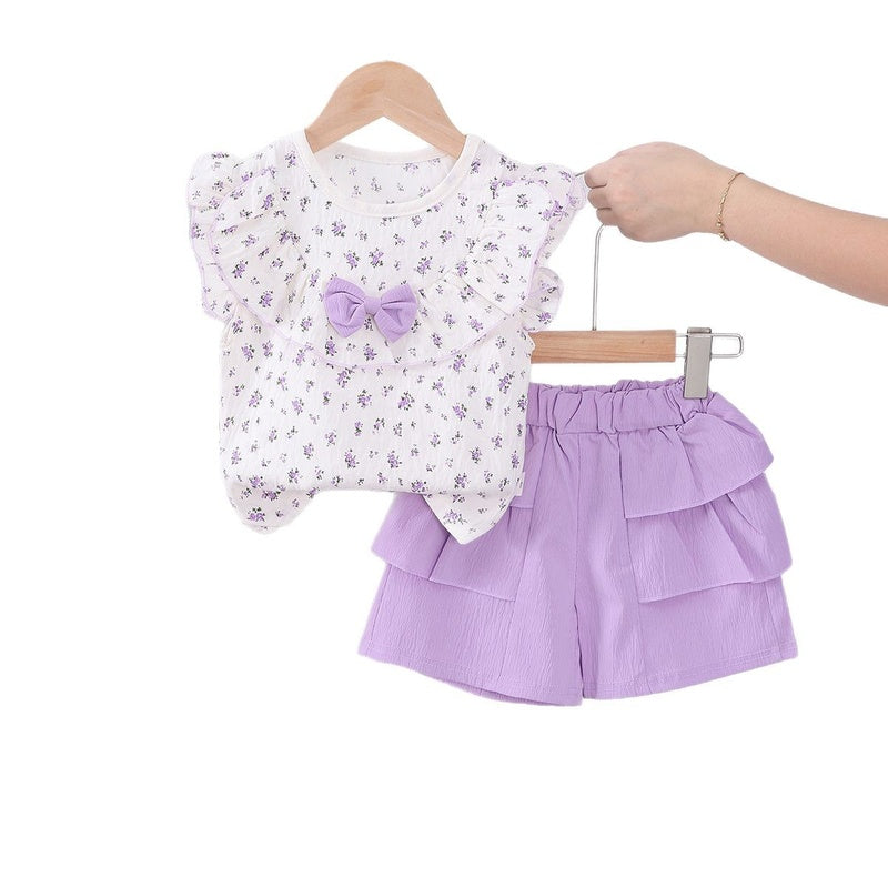 Cross-border children's clothing new style for girls, baby summer outfit with full floral print, bow tie, large collar, short-sleeved two-piece set, trendy