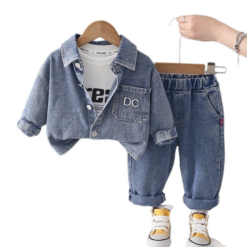 Boys' Spring and Outfit 2026 New Fashionable Casual Denim Three-Piece Set Children, Trendy Autumn Jacket for Babies