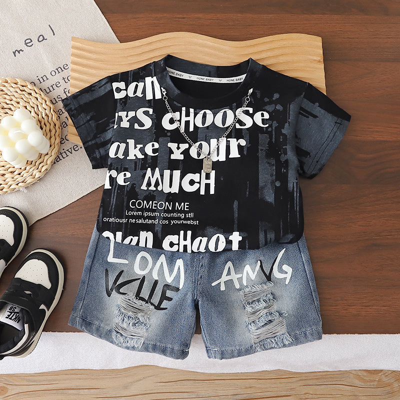 Boys' Outfit 2026 New Style: Toddler Summer Tie-Dye Letter Print Short Sleeve Shorts Two-Piece Set, Stylish and Trendy for Babies