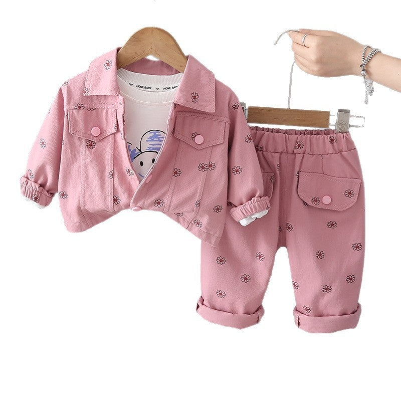 Girls' Outfit 2026 New Baby Spring and Autumn Clothes Cute Full-Print Floral Three-Piece Set Trendy Children's Clothing
