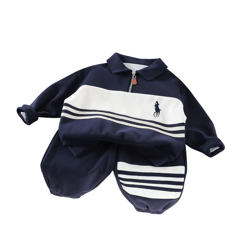 Baby Boy Outfit 2026 New Fashionable Boys' Spring and Autumn Children's Turn-down Collar Sweatshirt Two-piece Set Trendy
