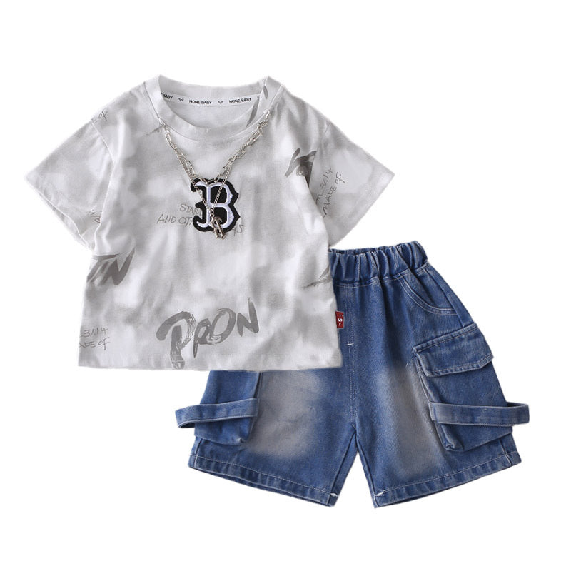 Boys' Summer Lightweight Set 2026 New Fashionable Children's Letter Necklace Short Sleeve Shorts Baby Two-Piece Trendy Outfit