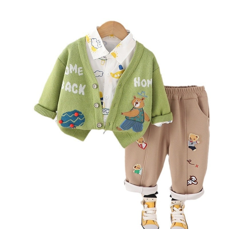 Boy Autumn Outfit Bear Cardigan Three-Piece Set 2024 New Style 1-2-3 Years Old Toddler Clothing Baby Trend