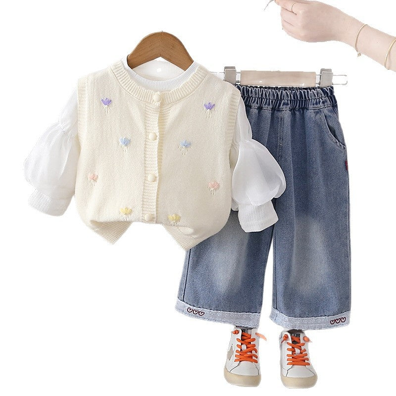Girls' Outfit for and Autumn 2026 New Fashionable Children's Spring Clothing Baby Girl Floral Sweater Vest Three-Piece Set