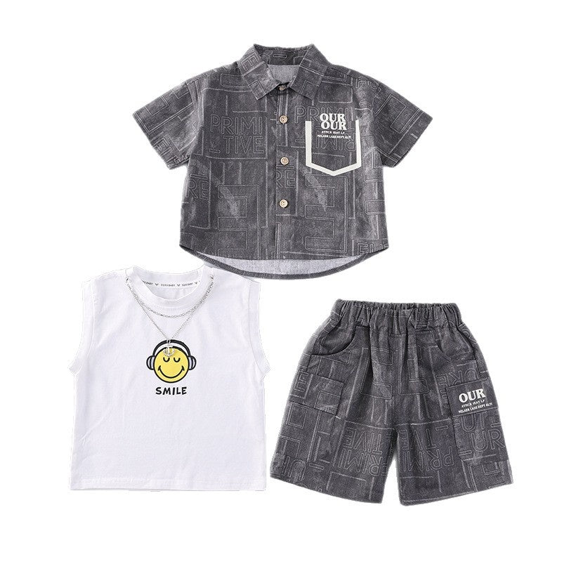 Children's Summer Fashionable Outfit 2026 New Style for Young Boys, Pocket Cardigan Short Sleeve, Baby Boy Shorts Three-Piece Trendy Set