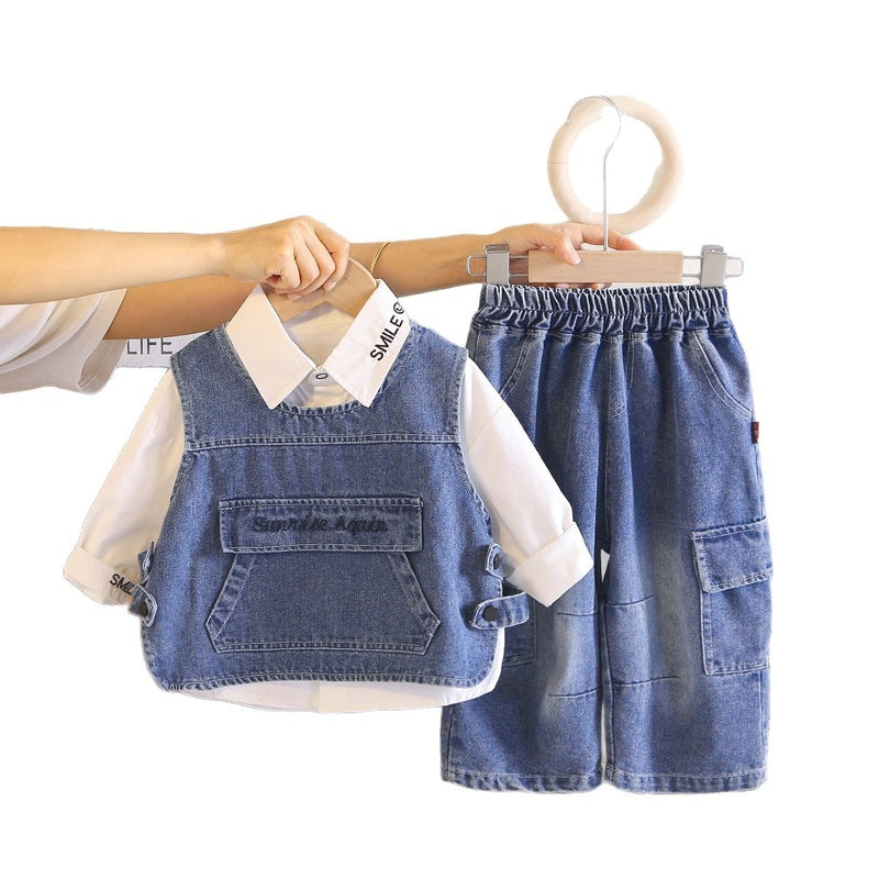 Boys' Spring Autumn Outfit: Stylish Infant and Toddler Denim Vest with Large Pockets, Three-Piece Set, 2026 Fall Fashion for Baby Boys