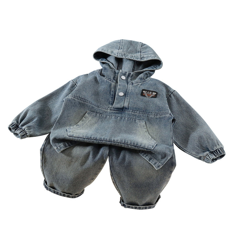 Boys' Outfit Spring Autumn 2026 New Fashionable Baby Boy 4-6 Years Old Children's Solid Color Hoodie and Denim Two-Piece Set