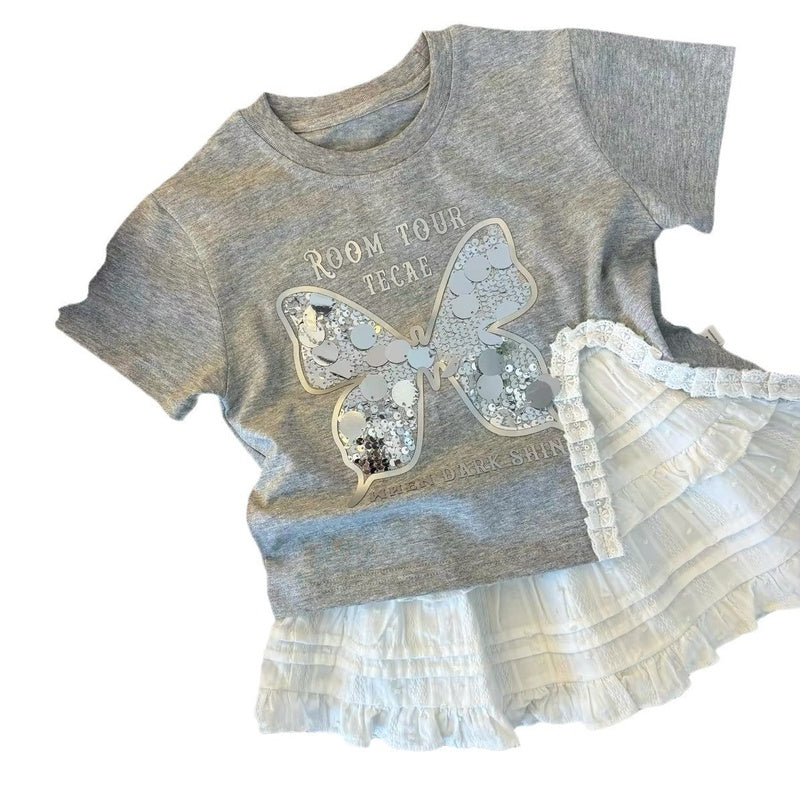 Girls' Summer Outfit 2025 New Fashionable Sequin Butterfly Short Sleeve Children's Fashion Skirt Two-Piece Set for Baby Girls