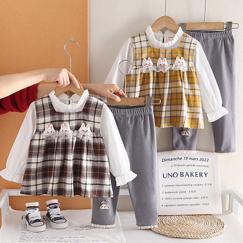 Girls' Spring Outfit 2026 New Fashionable Children's Plaid Rabbit Head Vest Three-Piece Set for 1-3 Year Old Babies