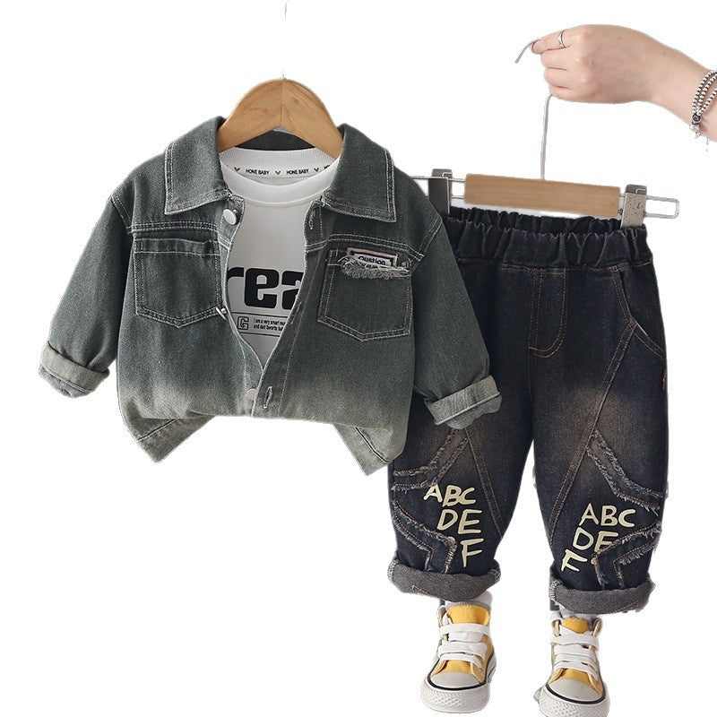 2026 Autumn New Boys' Denim Long-Sleeve Three-Piece Set, Baby Boy Casual Long Pants Spring/Autumn Outfit Wholesale