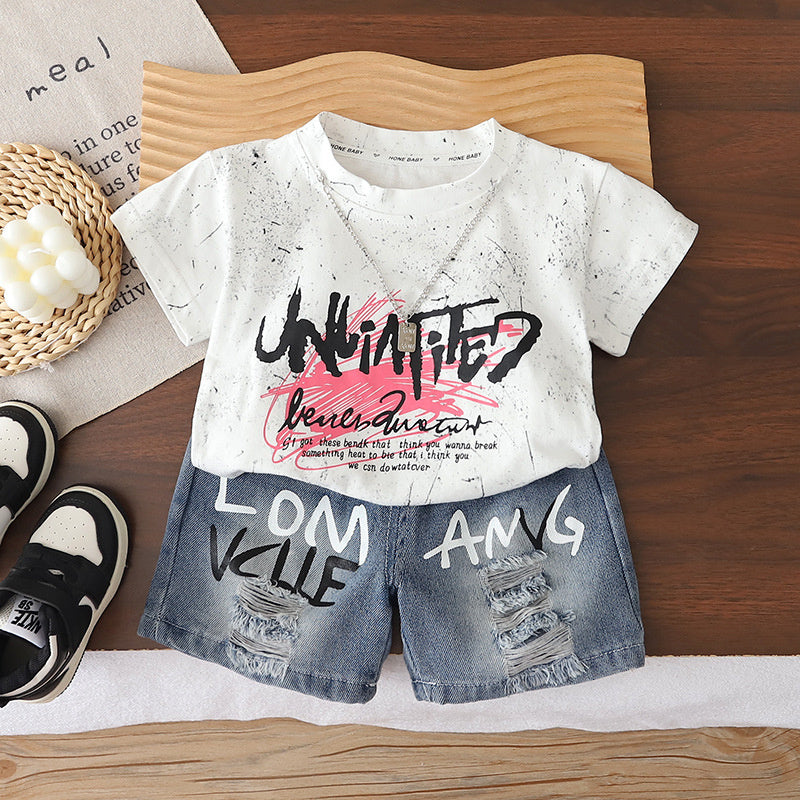 Boys' Outfit 2026 New Children's Graffiti Letter Short Sleeve Summer Clothes Baby Casual Two-Piece Set Trendy