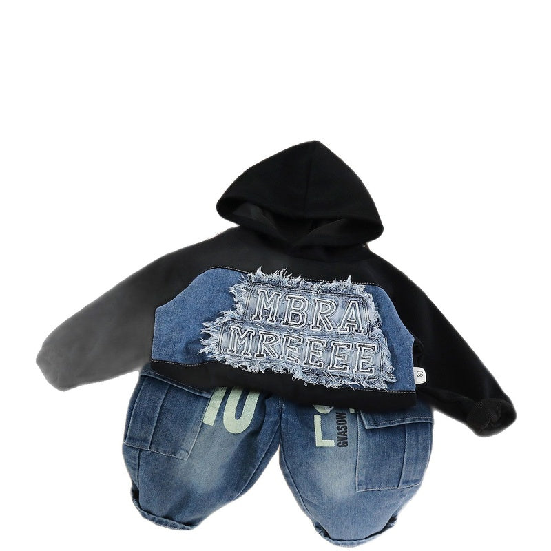 Boys' Outfit, Stylish New 2026 Embroidered Patch Sweatshirt Two-Piece Set, Cool Long-Sleeve Spring and Autumn Fashion
