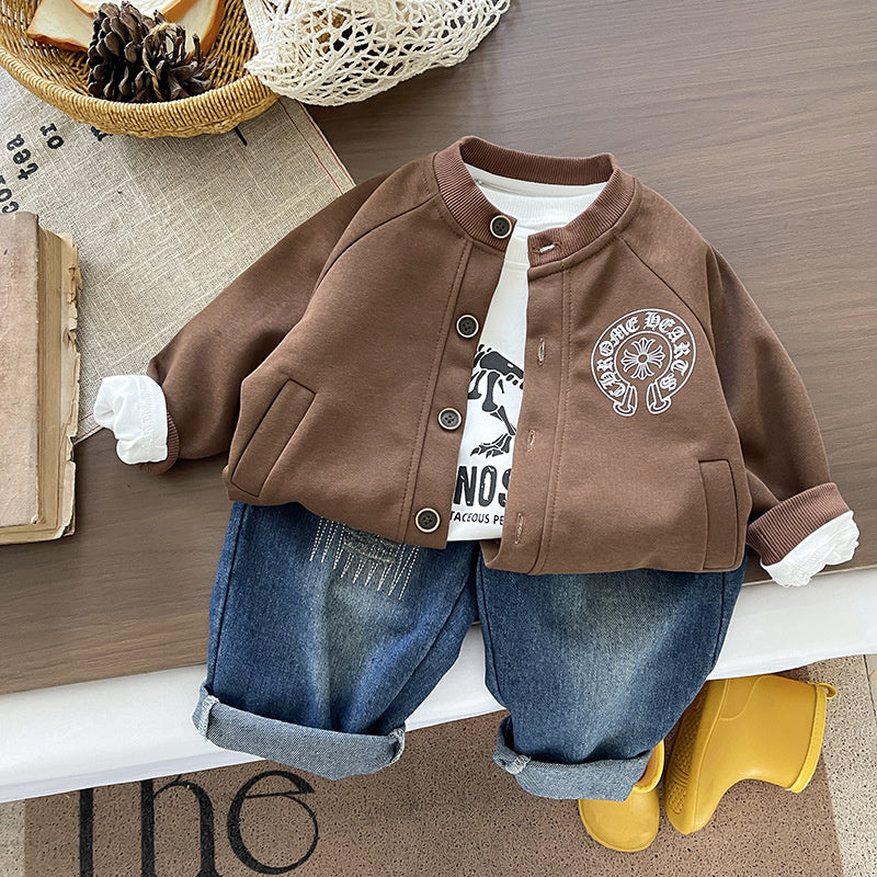 Boys' Spring and Autumn Outfit 2026 New Stylish Baby 1-3 Years Old 5 Knit Cardigan Infant Children's Three-Piece Set Toddler Fashion